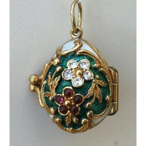 3/4" Russian Gold Eagle Flower Crown Green White Enamel Egg Pendant Charm Locket
